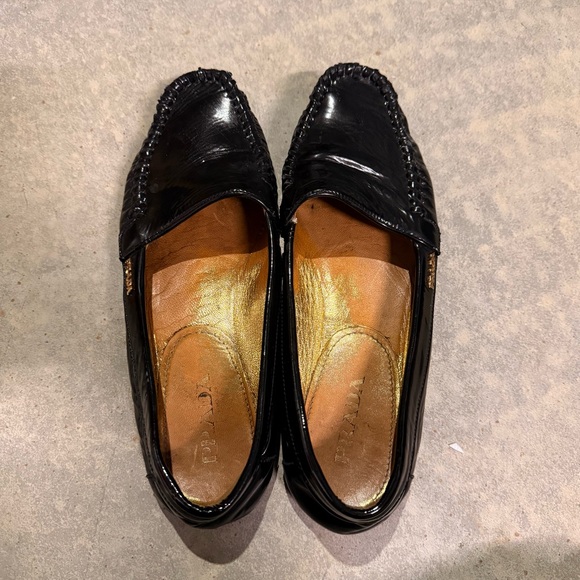 Prada Patent Leather Moccasin Driving Loafers Black Flats Gold Logo Designer 6.5 - Picture 2 of 9